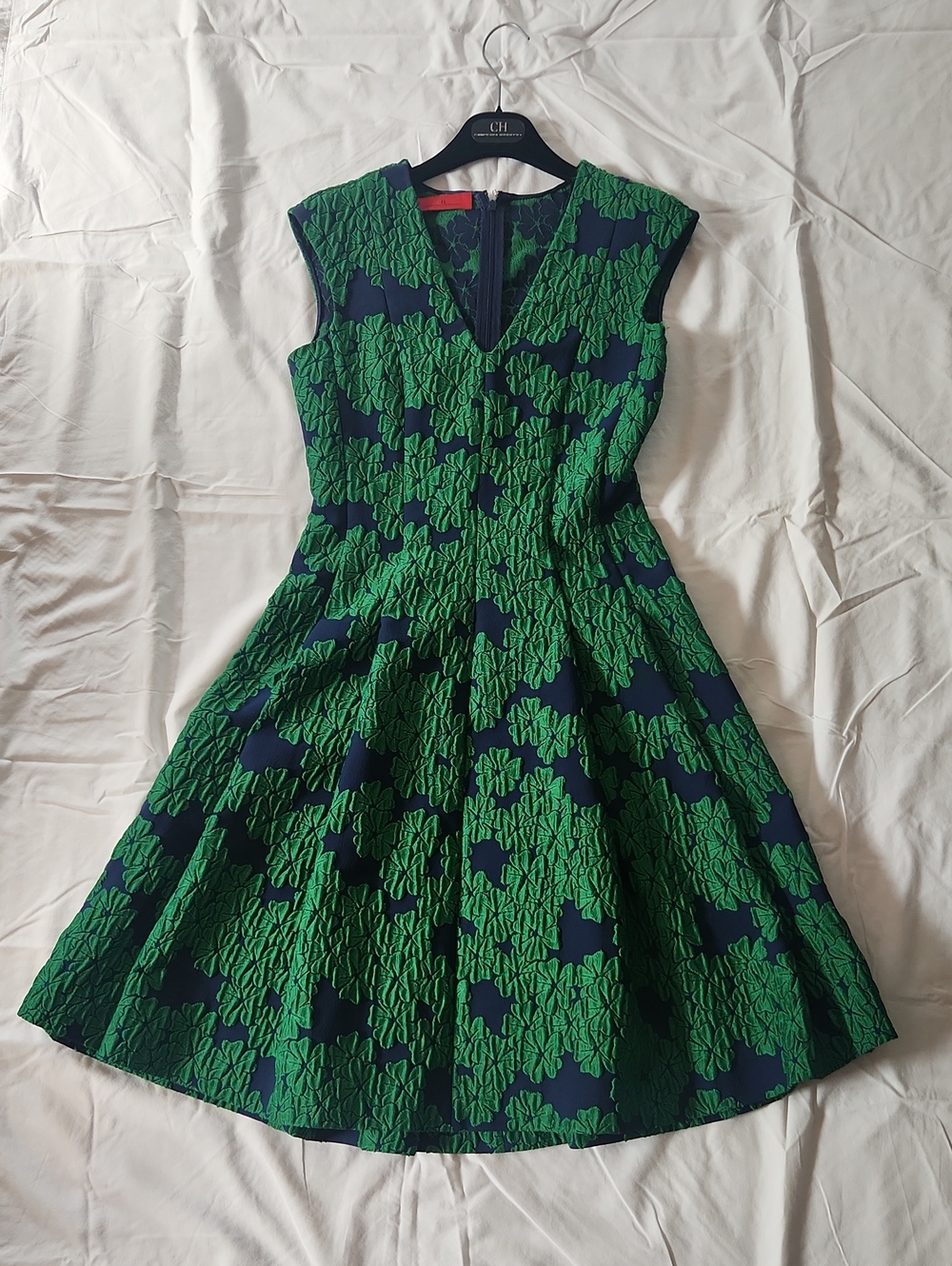 Carolina Herrera Navy and Green Floral Jacquard Midi Dress